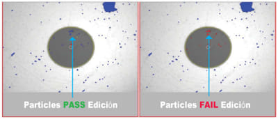 Conector con numerosas partículas de menos de 25 µm en la zona B. La ed. 2 (Dcha.) falla, mientras que la ed.3 (Izda.) pasa